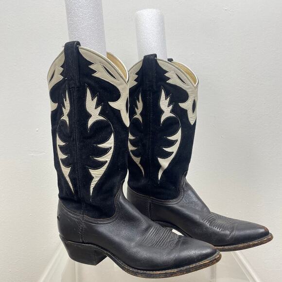 Vintage Dan Post Men’s Black White Tooled Suede Leather Cowboy Boots 6.5 M - Picture 3 of 12
